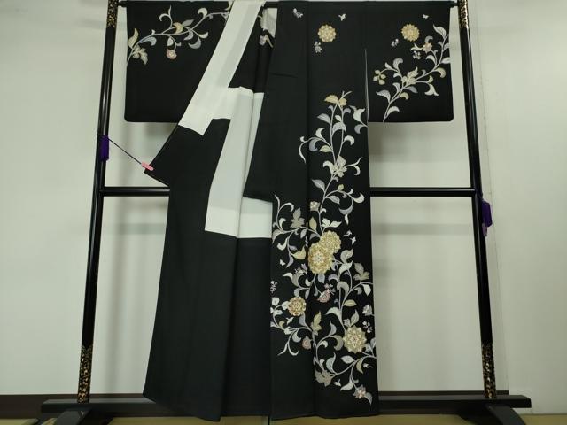 平和屋本店■極上 訪問着 駒刺繍 花唐草文 背抜き仕立て 黒地 金彩 逸品 DZAA4231kh5