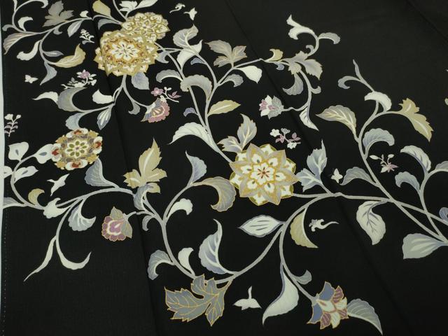 平和屋本店■極上 訪問着 駒刺繍 花唐草文 背抜き仕立て 黒地 金彩 逸品 DZAA4231kh5