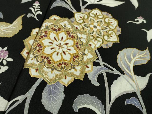 平和屋本店■極上 訪問着 駒刺繍 花唐草文 背抜き仕立て 黒地 金彩 逸品 DZAA4231kh5