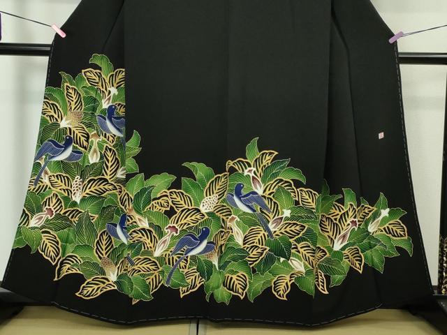 平和屋本店■超希少 東京友禅 久呂田明功 訪問着 青い鳥 松ぼっくり 鬼しぼ縮緬 黒地 金彩 逸品 未使用 DZAA4279kh5
