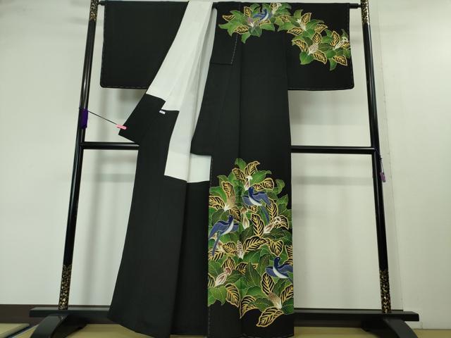 平和屋本店■超希少 東京友禅 久呂田明功 訪問着 青い鳥 松ぼっくり 鬼しぼ縮緬 黒地 金彩 逸品 未使用 DZAA4279kh5