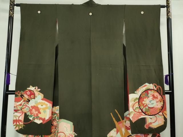 平和屋本店■極上 アンティーク 大正ロマン 振袖 鼓冊子楽器文 黒地 金彩 逸品 DZAA4338kh5