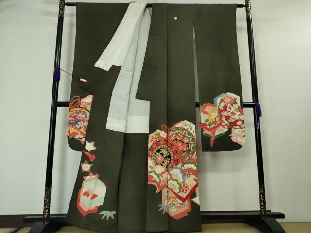 平和屋本店■極上 アンティーク 大正ロマン 振袖 鼓冊子楽器文 黒地 金彩 逸品 DZAA4338kh5