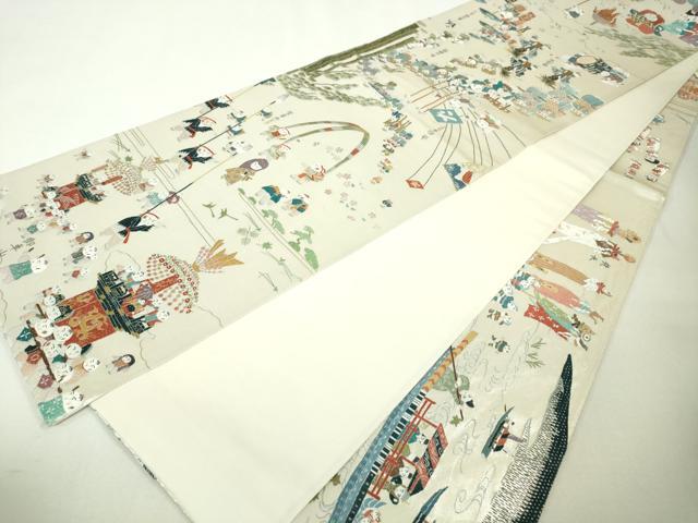 平和屋本店●極上 中国人間国宝 将雪英 両方向 全通柄袋帯 千色総通し 総刺繍 日本のまつり 金糸 色紙付き 逸品 未使用 DZAA4370kh5