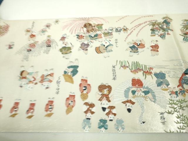 平和屋本店●極上 中国人間国宝 将雪英 両方向 全通柄袋帯 千色総通し 総刺繍 日本のまつり 金糸 色紙付き 逸品 未使用 DZAA4370kh5