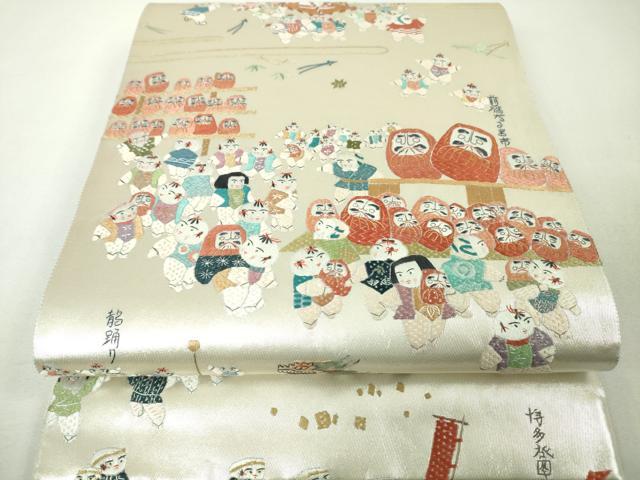平和屋本店●極上 中国人間国宝 将雪英 両方向 全通柄袋帯 千色総通し 総刺繍 日本のまつり 金糸 色紙付き 逸品 未使用 DZAA4370kh5