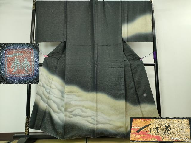 平和屋本店■希少 男性 二代目 久保田一竹 幻の辻が花 訪問着 霞文 暈し染め 黒地 金通し地 反端付き 逸品 未使用 DZAA4429kh5