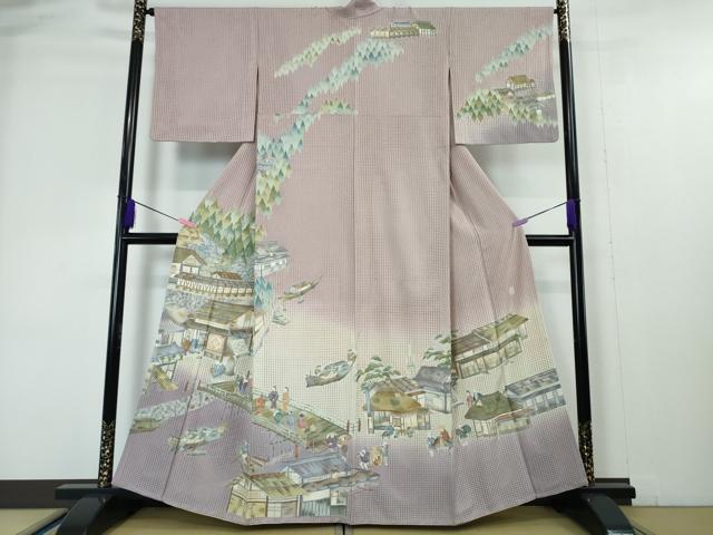 平和屋本店●極上 中国三大刺繍 スワトウ刺繍 汕頭刺繍 訪問着 渡橋人物風景 暈し染め 紅藤色地 金糸 逸品 DZAA4435kh5