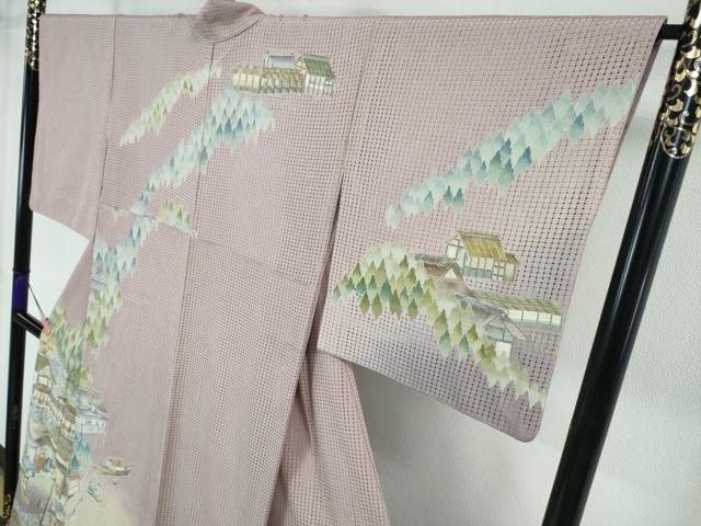 平和屋本店●極上 中国三大刺繍 スワトウ刺繍 汕頭刺繍 訪問着 渡橋人物風景 暈し染め 紅藤色地 金糸 逸品 DZAA4435kh5