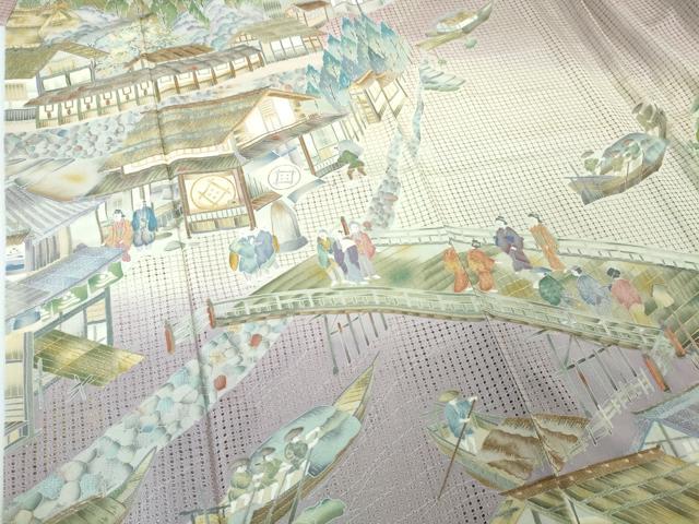 平和屋本店●極上 中国三大刺繍 スワトウ刺繍 汕頭刺繍 訪問着 渡橋人物風景 暈し染め 紅藤色地 金糸 逸品 DZAA4435kh5