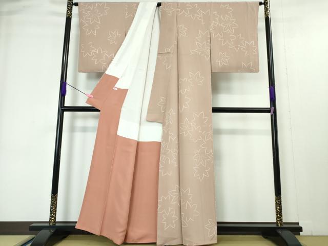 平和屋本店■極上 銀座もとじ 小紋 楓 サーモンピンク色 たとう紙付き 逸品 DZAA4437kh5