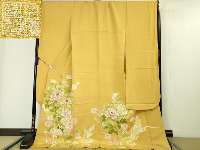 平和屋本店■極上 創業460年・千總 振袖 駒刺繍 牡丹 藤黄色地 金彩 逸品 DZAA4438kh5