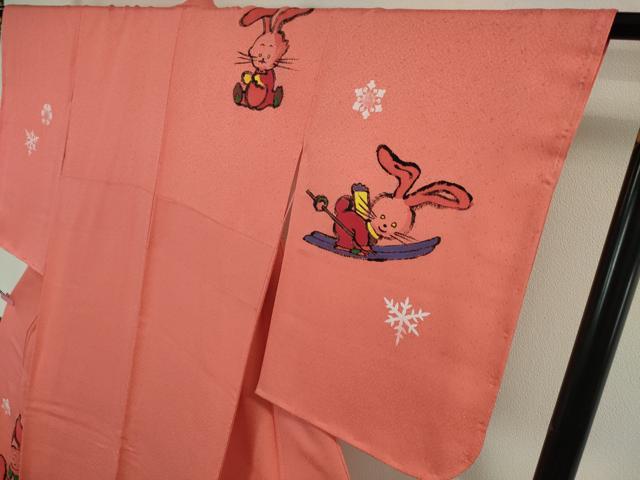 平和屋本店●極上 訪問着 作家物 松下喜暁 手描き 兎 うさぎ スキー 真朱色地 逸品 未使用 DZAA4441kh5