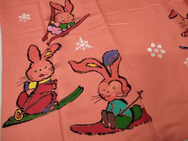 平和屋本店●極上 訪問着 作家物 松下喜暁 手描き 兎 うさぎ スキー 真朱色地 逸品 未使用 DZAA4441kh5