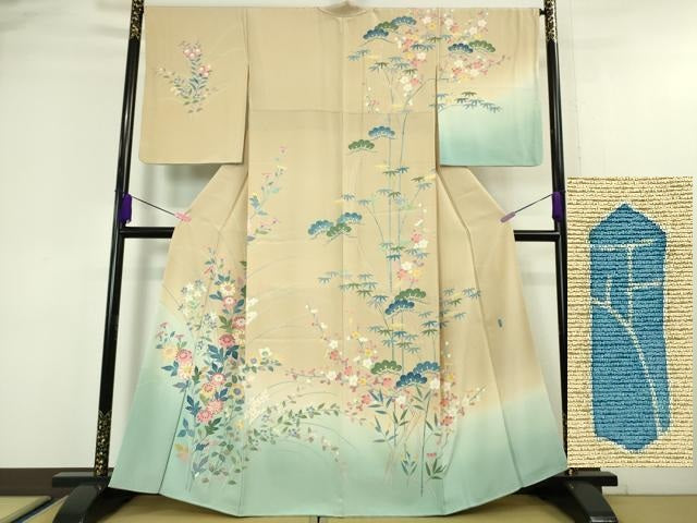 平和屋本店■極上 本加賀友禅作家 押田正義 訪問着 松竹梅花文 暈し染め 薄香色地 逸品 DZAA4459kh5