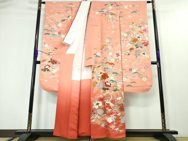 平和屋本店■極上 創業460年・千總 振袖 駒刺繍 飛鶴吉祥花文 甚三紅色地 暈し染め 金彩 逸品 DZAA4479kh5