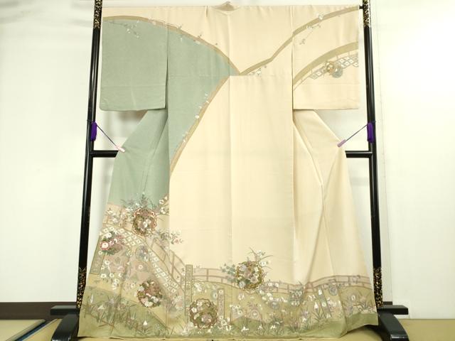 平和屋本店■極上 中国三大刺繍 スワトウ刺繍 汕頭刺繍 総刺繍 訪問着 風景花文 薄卵色地 金糸 やまと誂製 逸品 DZAA4482kh5