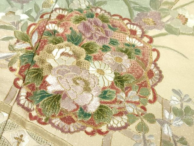平和屋本店■極上 中国三大刺繍 スワトウ刺繍 汕頭刺繍 総刺繍 訪問着 風景花文 薄卵色地 金糸 やまと誂製 逸品 DZAA4482kh5