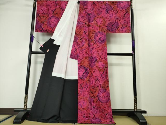 平和屋本店■極上 前田仁仙 仁仙更紗 小紋 仁仙花布 壁画文様 鬼しぼ縮緬 反端付き 逸品 DZAA4487kh5