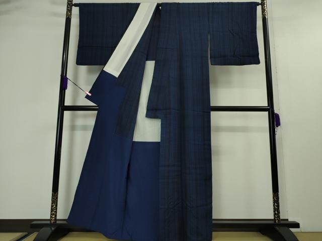 平和屋本店■極上 浦野理一 経節紬 背抜き仕立て 縞 濃紺地 逸品 DZAA4519kh5