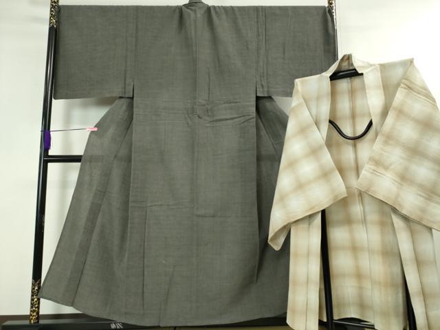 平和屋本店■極上 男性 綿紬 単衣 アンサンブル 長羽織セット キングサイズ 綿屋謹製 着物:藍墨茶色地 逸品 DZAA4520kh5