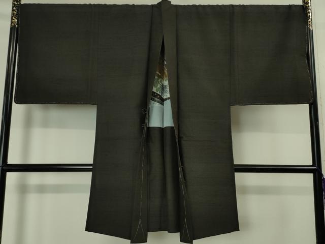 平和屋本店■極上 男性 紬 アンサンブル 長羽織セット キングサイズ 暗黒色地 羽裏・能 逸品 未使用 DZAA4524kh5