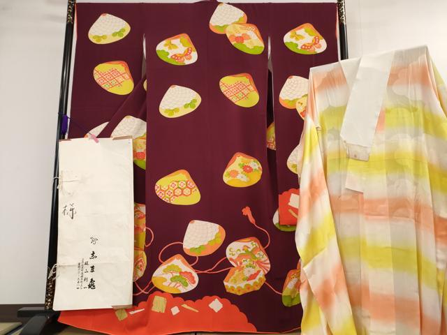 平和屋本店■極上 銀座 志ま亀 振袖・長襦袢(無双仕立て)セット 貝合わせ 貝桶 葡萄色地 金彩 たとう紙付き 逸品 DZAA4537kh5