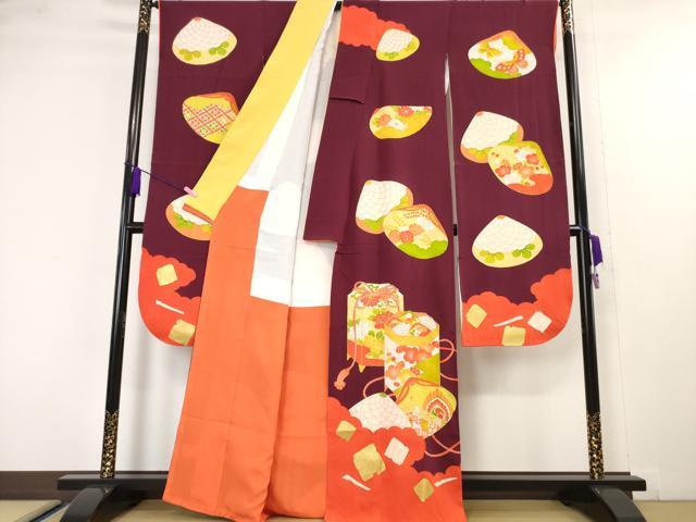 平和屋本店■極上 銀座 志ま亀 振袖・長襦袢(無双仕立て)セット 貝合わせ 貝桶 葡萄色地 金彩 たとう紙付き 逸品 DZAA4537kh5