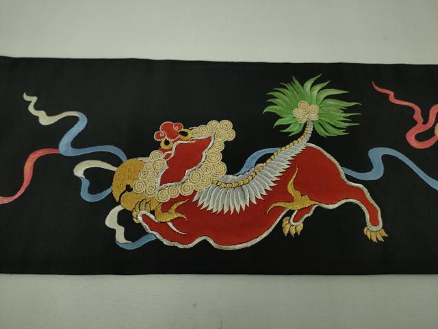 平和屋本店■極上 アンティーク 大正ロマン 九寸名古屋帯 総刺繍 唐獅子 黒地 金銀糸 逸品 DZAA4578kh5