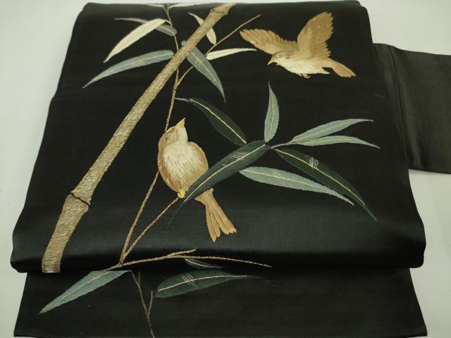 平和屋本店■極上 アンティーク 大正ロマン 九寸名古屋帯 総手刺繍 枝葉に雀 黒地 金糸 逸品 DZAA4579kh5
