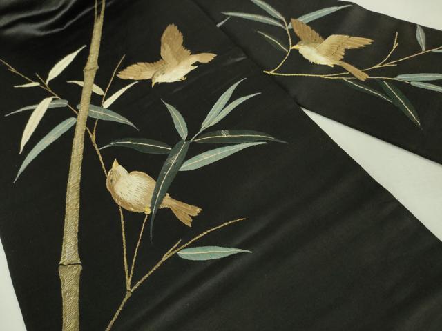 平和屋本店■極上 アンティーク 大正ロマン 九寸名古屋帯 総手刺繍 枝葉に雀 黒地 金糸 逸品 DZAA4579kh5