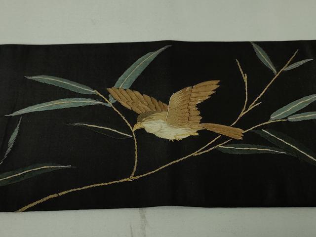 平和屋本店■極上 アンティーク 大正ロマン 九寸名古屋帯 総手刺繍 枝葉に雀 黒地 金糸 逸品 DZAA4579kh5
