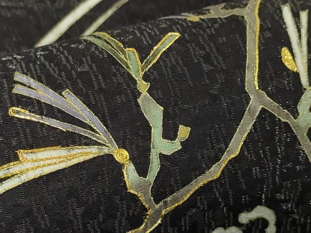 平和屋本店●極上 十日町 名門青柳高級ブランド 大喜百花 六通柄袋帯 駒刺繍 鶴 松 黒紅色地 金通し地 逸品 未使用 DZAA4600kh5