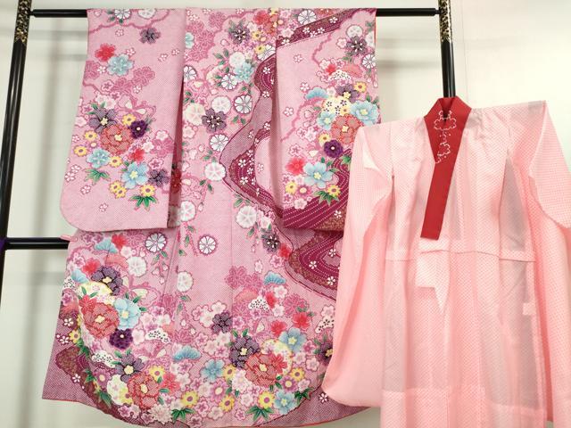 平和屋本店■極上 七五三 女の子 7歳 祝着・襦袢(半衿刺繍)セット 舞蝶花文 金彩 洗える着物 逸品 DZAA4669kh5