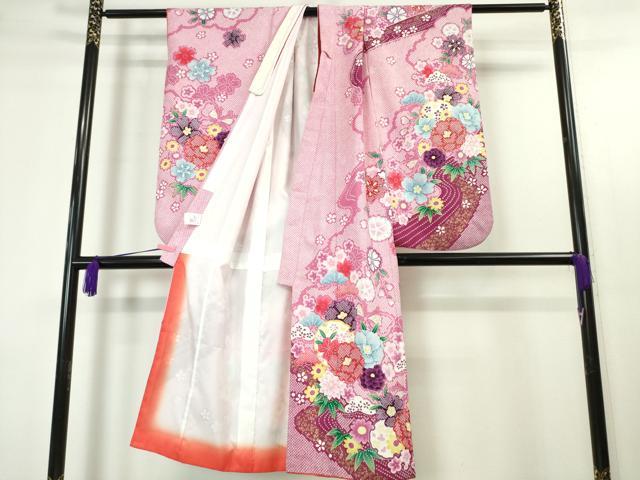 平和屋本店■極上 七五三 女の子 7歳 祝着・襦袢(半衿刺繍)セット 舞蝶花文 金彩 洗える着物 逸品 DZAA4669kh5