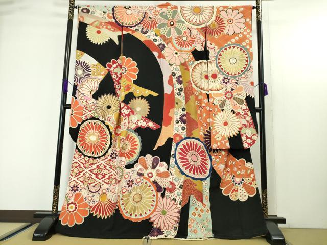 平和屋本店●極上 アンティーク 大正ロマン 振袖 駒刺繍 鬘帯吉祥花文 黒地 金彩 逸品 DZAA4678kh5