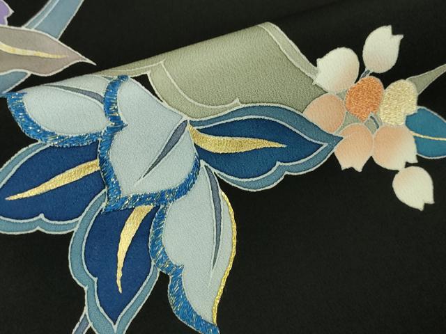 平和屋本店●極上 染刺工芸 大羊居 東京友禅 黒留袖 刺繍 草花文 金糸 逸品 DZAA4714kh5