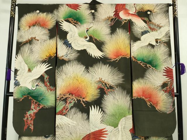 平和屋本店●極上 アンティーク 大正ロマン 振袖 刺繍 飛鶴松文 暈し染め 金糸 逸品 DZAA4720kh5