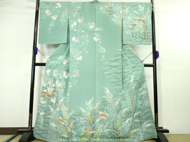 平和屋着物●極上　手描友禅　奥田秀水　訪問着　鴛鴦花文　たたき染め　千草色地　逸品　DZAA4723kh6 平和屋着物○極上 手描友禅 奥田秀水 訪問着 鴛鴦花文 たたき染め 千草