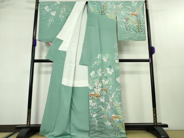 平和屋着物●極上 手描友禅 奥田秀水 訪問着 鴛鴦花文 たたき染め 千草色地 逸品 DZAA4723kh6