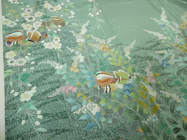 平和屋着物●極上 手描友禅 奥田秀水 訪問着 鴛鴦花文 たたき染め 千草色地 逸品 DZAA4723kh6