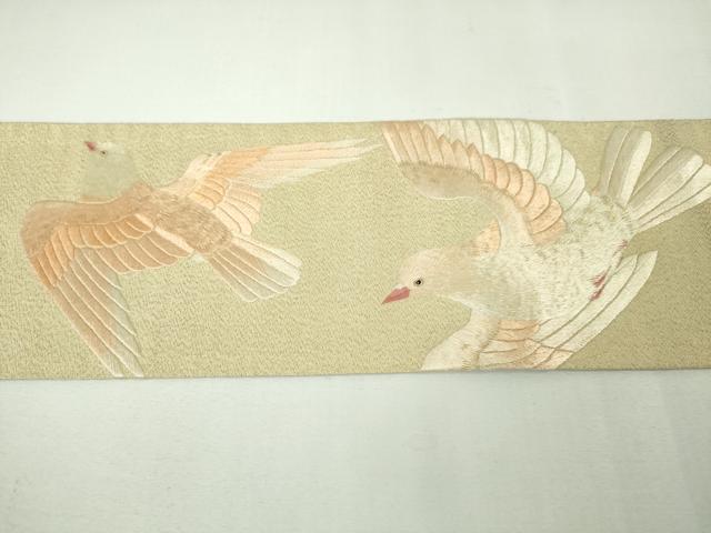 平和屋本店●極上 アンティーク 大正ロマン 綴れ 八寸名古屋帯 総手刺繍 鳩 熊手 金通し地 逸品 DZAA4745kh5