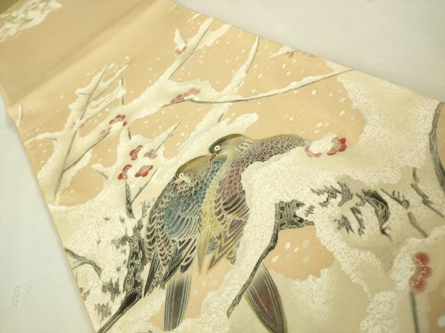 平和屋本店●極上 東京友禅 熊谷好博子 太鼓柄袋帯 刺繍 鳩 雪持ち梅 雄黄色地 金糸 逸品 DZAA4767kh5