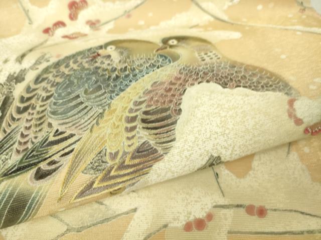 平和屋本店●極上 東京友禅 熊谷好博子 太鼓柄袋帯 刺繍 鳩 雪持ち梅 雄黄色地 金糸 逸品 DZAA4767kh5