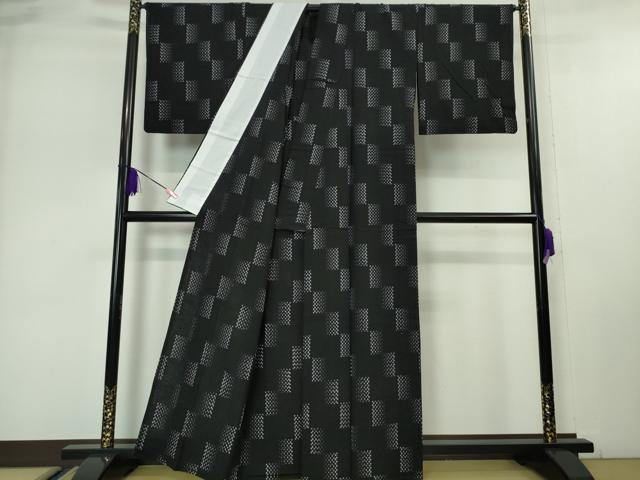平和屋本店▽極上 綿紬 単衣 斜線文 綿 黒地 逸品 DZAA4859kh5