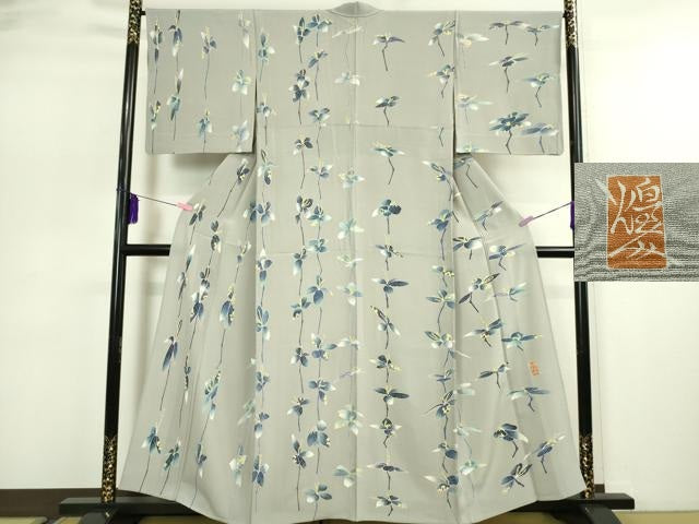 平和屋本店■極上 本加賀友禅作家 由水煌人 訪問着 単衣 藍 枝葉 素鼠色地 逸品 DZAA4913kh5