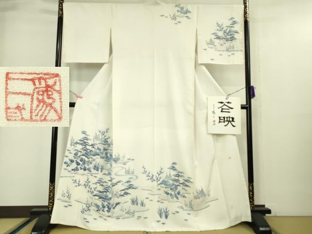 平和屋本店●極上 京友禅の人間国宝 上野為二 訪問着 藍 風景花文 象牙色地 色紙付き 逸品 DZAA5026kh6