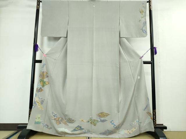 平和屋本店●極上 創業460年・千總 訪問着 刺繍 名物裂切嵌花鳥文 錫色地 金糸 高島屋扱い 逸品 DZAA5046kh5