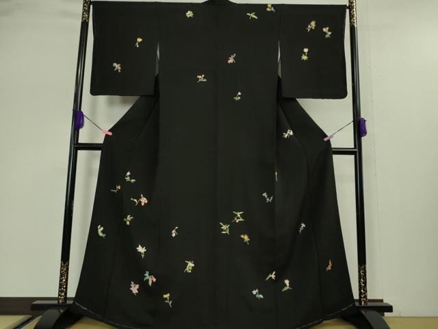 平和屋本店●極上 訪問着 駒刺繍 草花文 黒地 金彩 鬼しぼ縮緬 逸品 未使用 DZAA5051kh5