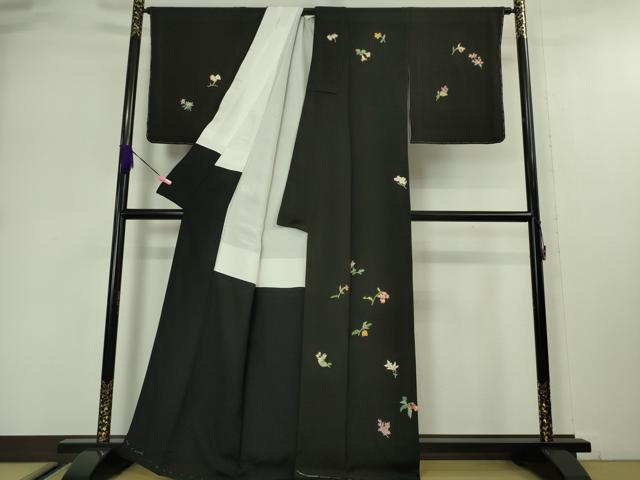 平和屋本店●極上 訪問着 駒刺繍 草花文 黒地 金彩 鬼しぼ縮緬 逸品 未使用 DZAA5051kh5